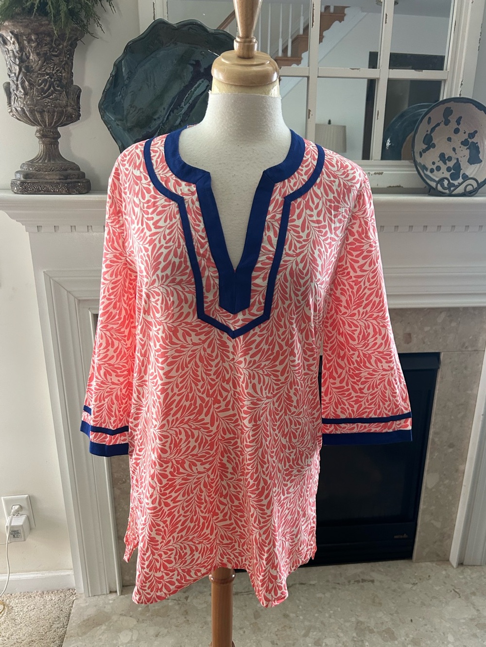 J. Crew Coral and Navy Leaf-Print Tunic